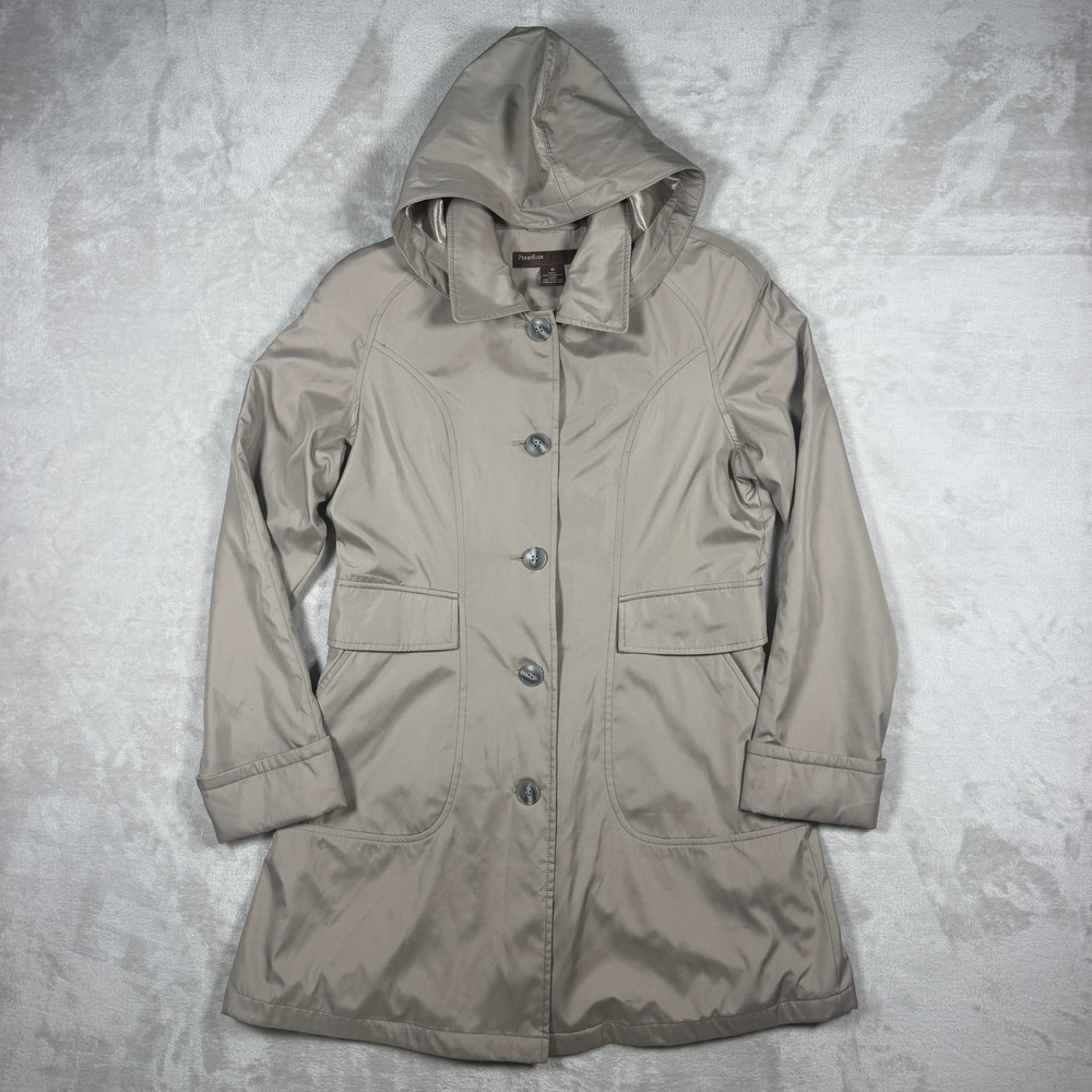 Perry Ellis Womens Hooded Trench Coat Size 10 Taupe Satin Lined Button Front
